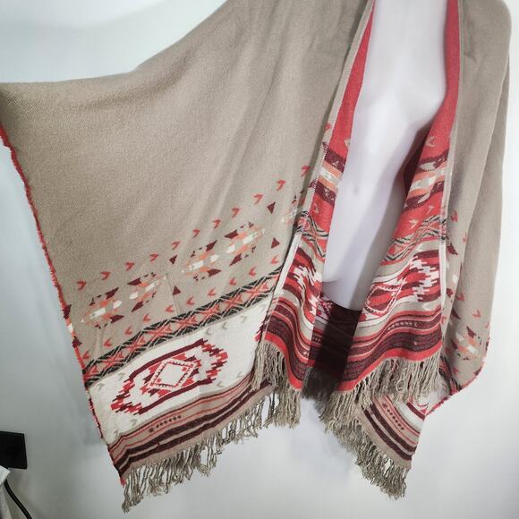 American Eagle Poncho Sweater One Size Aztec Western Open Front Fringe Kimono - Picture 7 of 13